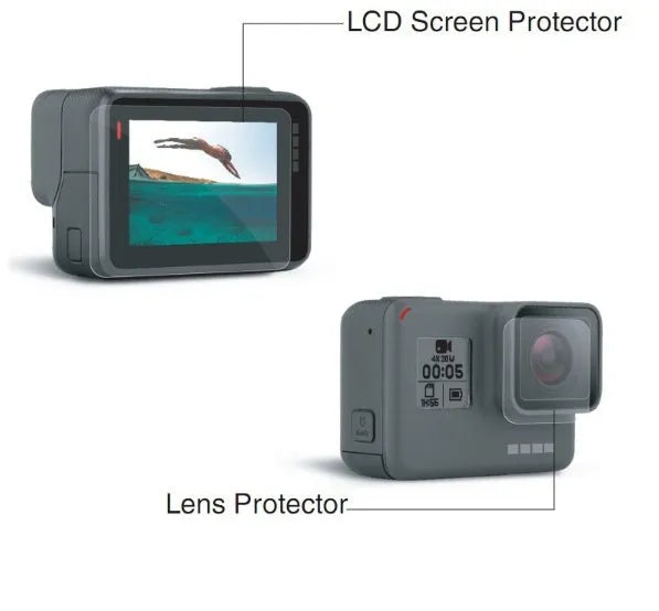 GoPro Hero camera with transparent tempered glass lens and LCD screen protectors applied.