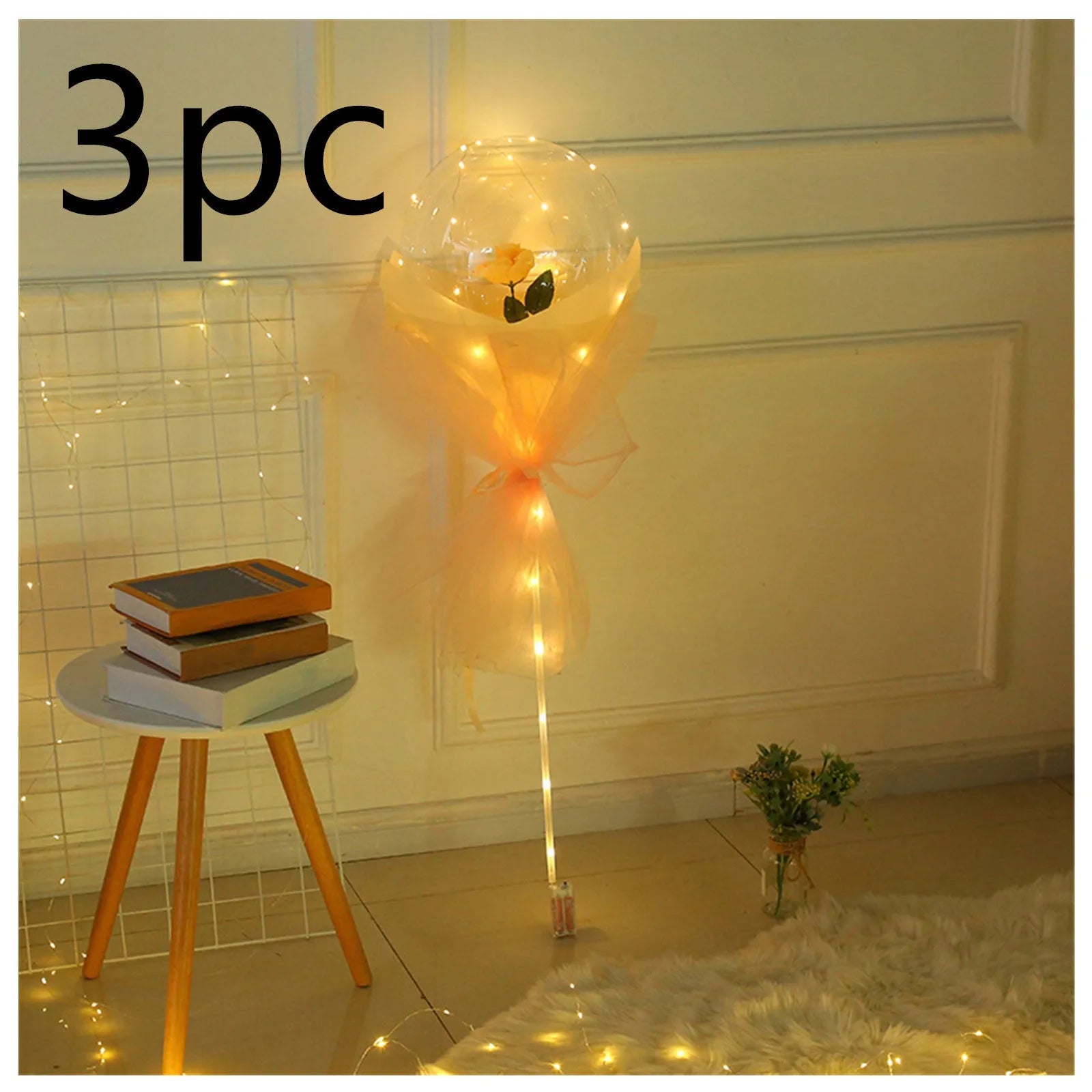 Transparent round LED luminous balloon rose bouquet with artificial flower and lights for DIY assembly