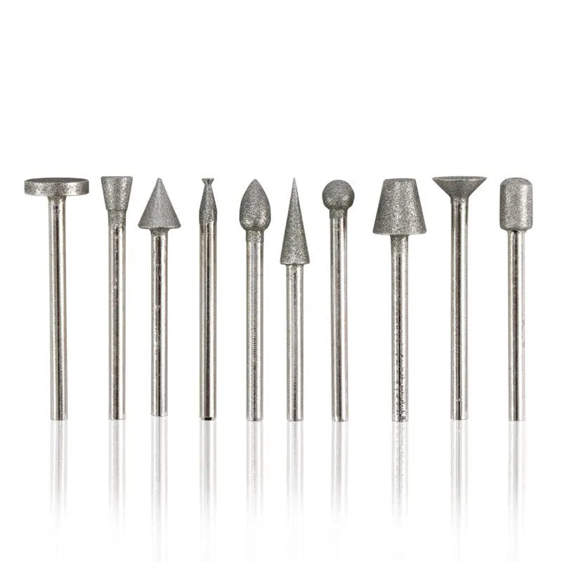 Alloy grinding head set showing elliptical cone shape with 3mm diameter for glass, jade and stone carving