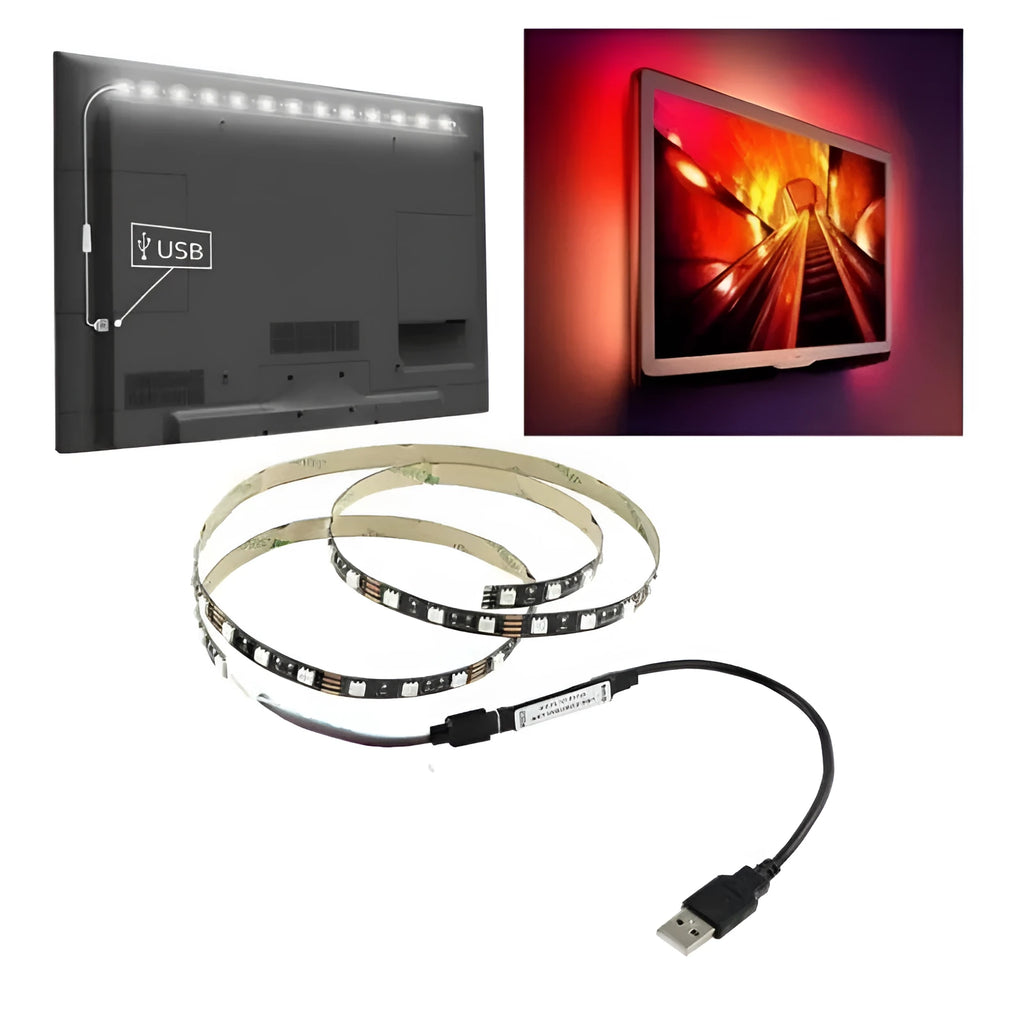 A flexible one-metre-long USB LED light strip showing multiple SMD5050 LEDs, coiled next to its USB plug.
