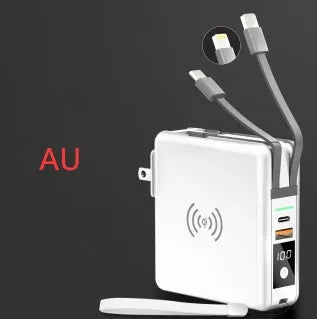 PD20W fast power bank with wireless charging and built-in plug in black or white colours