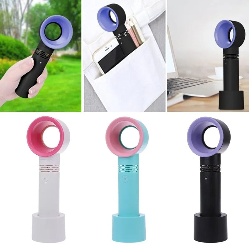 Compact portable bladeless desk fan with USB cable and base, shown in blue.