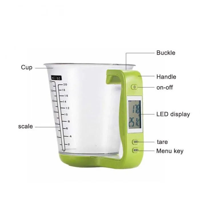 Green electronic kitchen scale measuring cup with digital LCD display on handle.