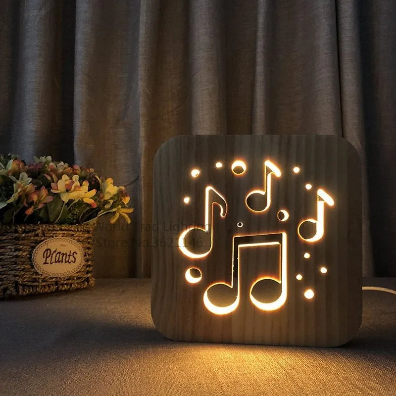 Square pine wood USB-powered LED lamp emitting warm white light on a desk.