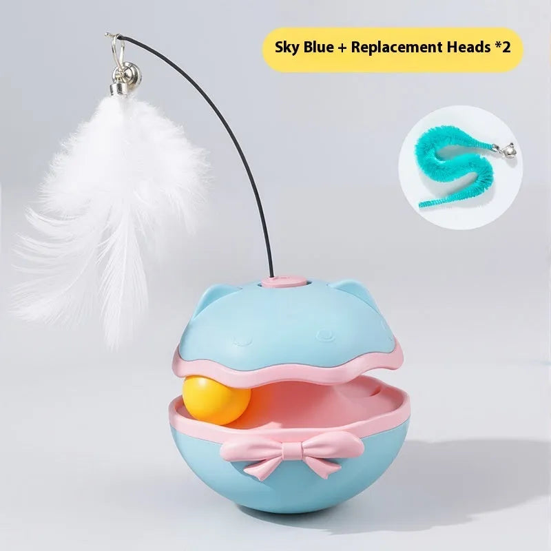 Electric cat toy tumbler with self-hi teaser in lemon yellow, sky blue, or soft fog grey plastic