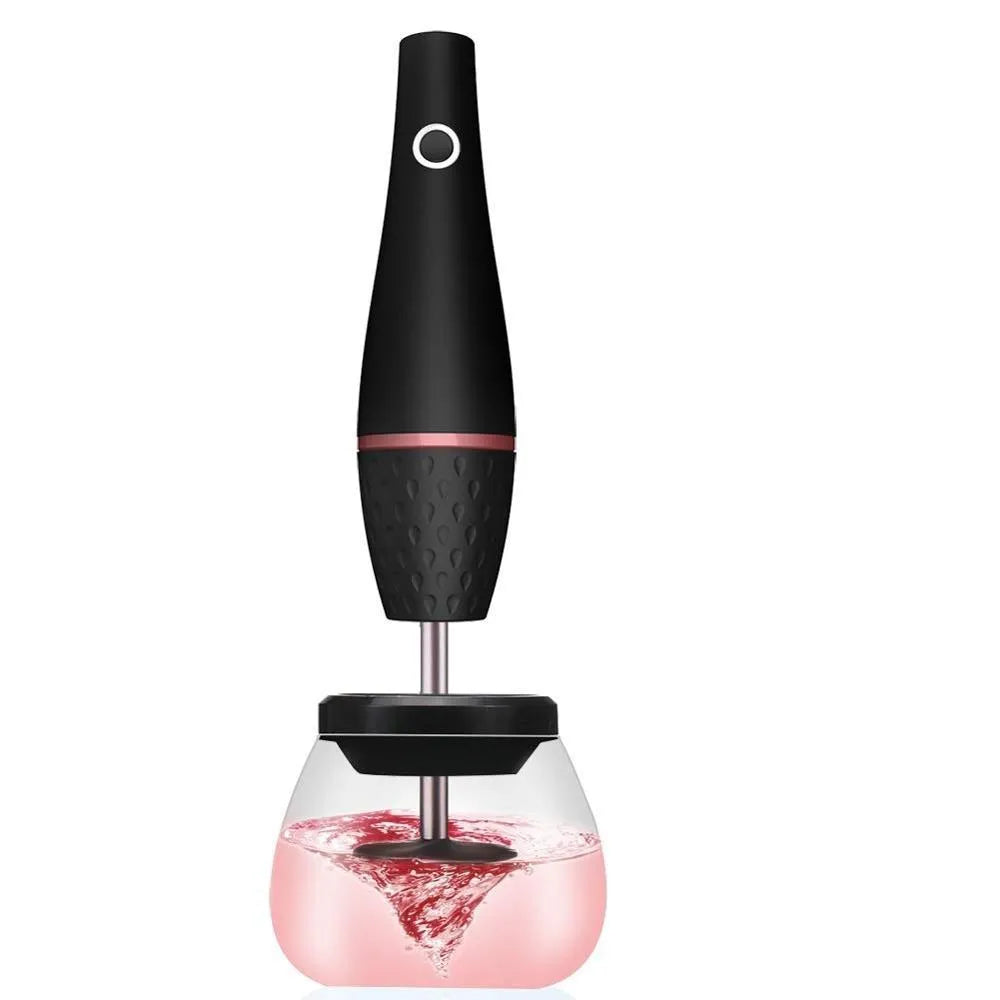 Electric makeup brush cleaner black with charging power source and ABS body on table