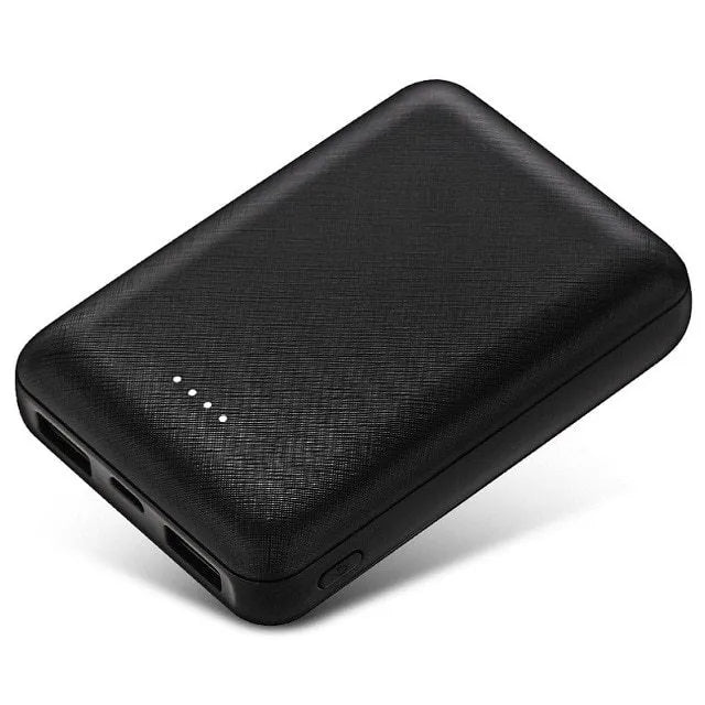 Black and white ultra-thin 10,000mAh power bank showing compact 90x63x22mm dimensions