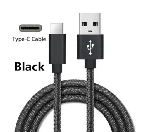 Denim braided Type-C charging cable with aluminium alloy connector in black, blue, or red colours
