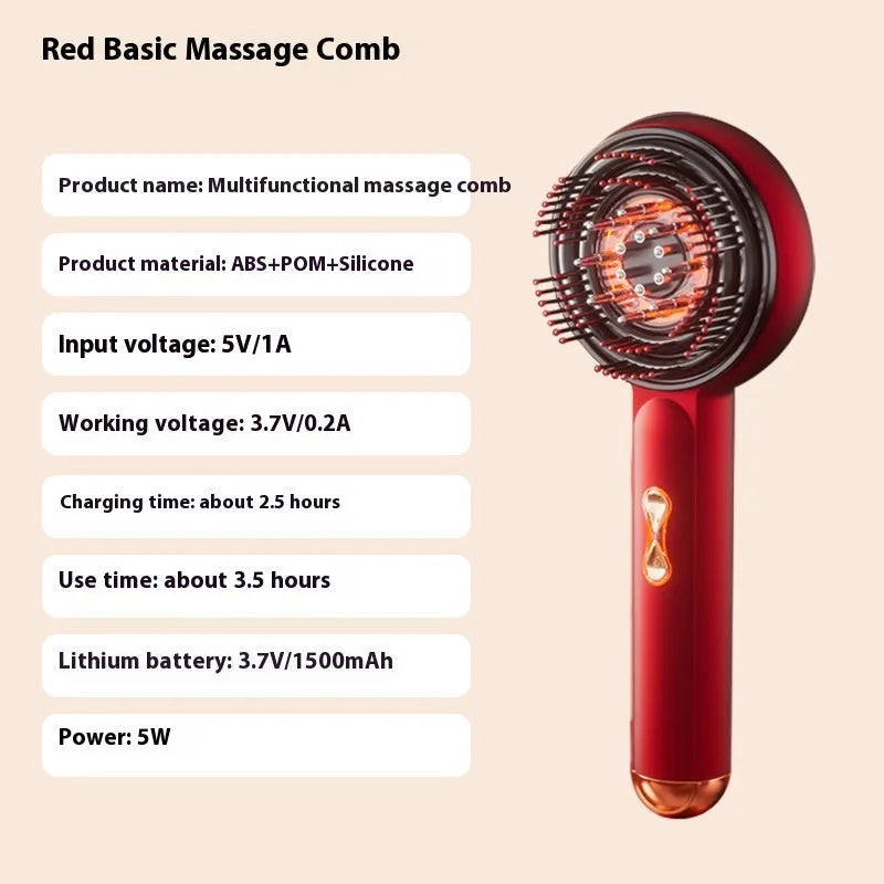 Red and blue LED light massage hair comb with Type-C charging port and plastic construction