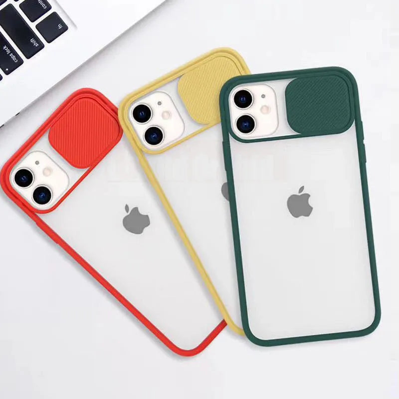 Frosted frame silicone phone case for iPhone in various colours including blue, pink, and black.