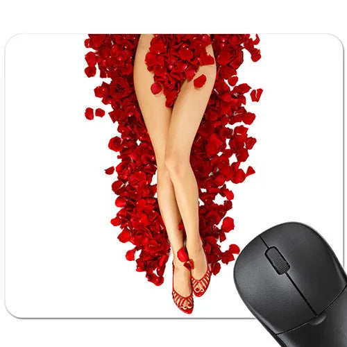 Red lips patterned rubber mouse pad on a wooden desk, 240mm by 200mm.