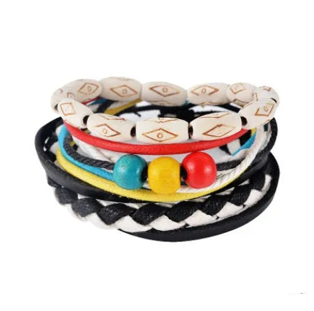 Handmade leather wrap bracelet with wooden beads and adjustable closure for men and women