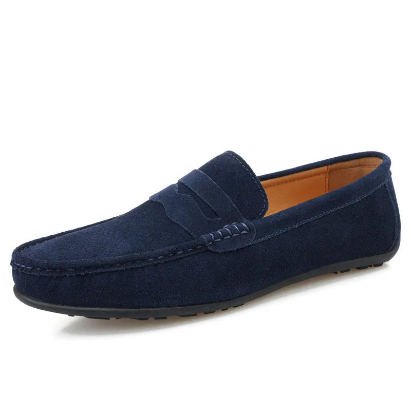 Men's suede loafers in black, blue, dark blue, wine red, and yellow colours showing round toe and flat sole