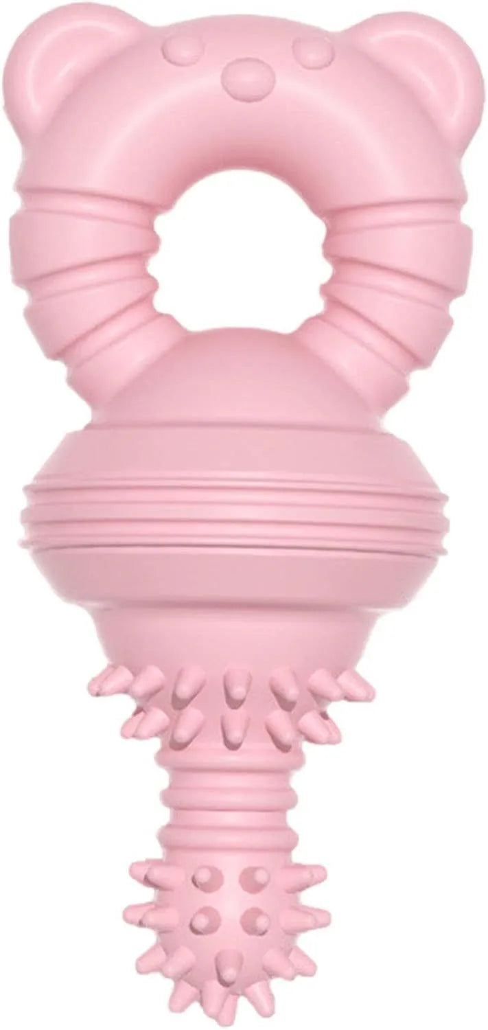 Blue rubber dog chew toy with bell and concave-convex molar design for teeth cleaning.