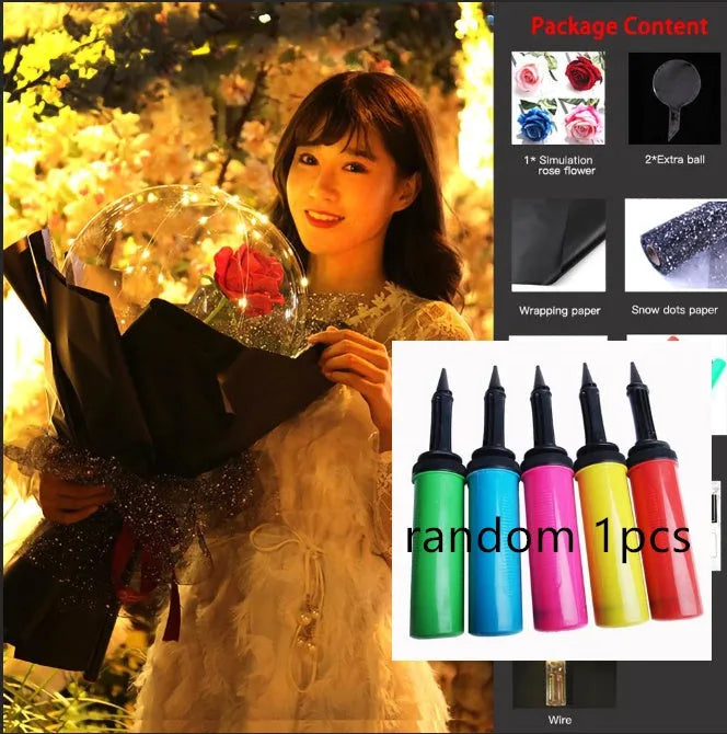 Transparent round LED luminous balloon rose bouquet with artificial flower and lights for DIY assembly