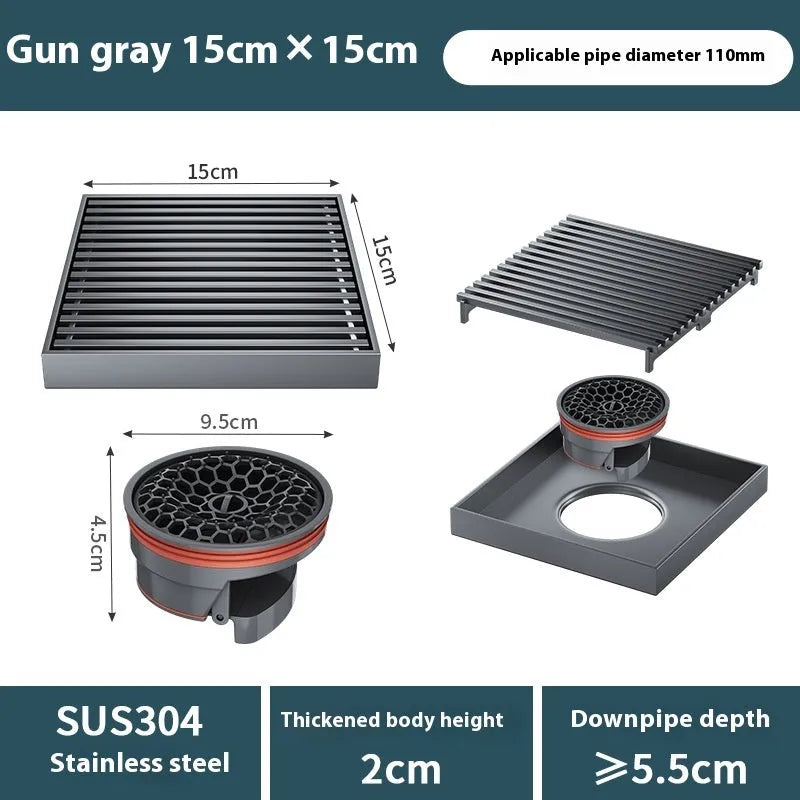 Gun grey 304 stainless steel courtyard floor drain grate measuring 15cm by 15cm.