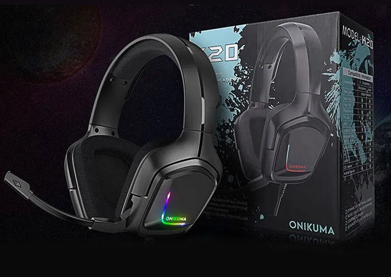 K20 RGB luminous wired gaming headset in black with cloth earmuffs and a braided cable