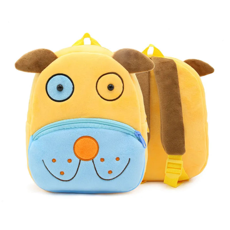 Plush children's backpack with animal design showing soft texture and zipper opening