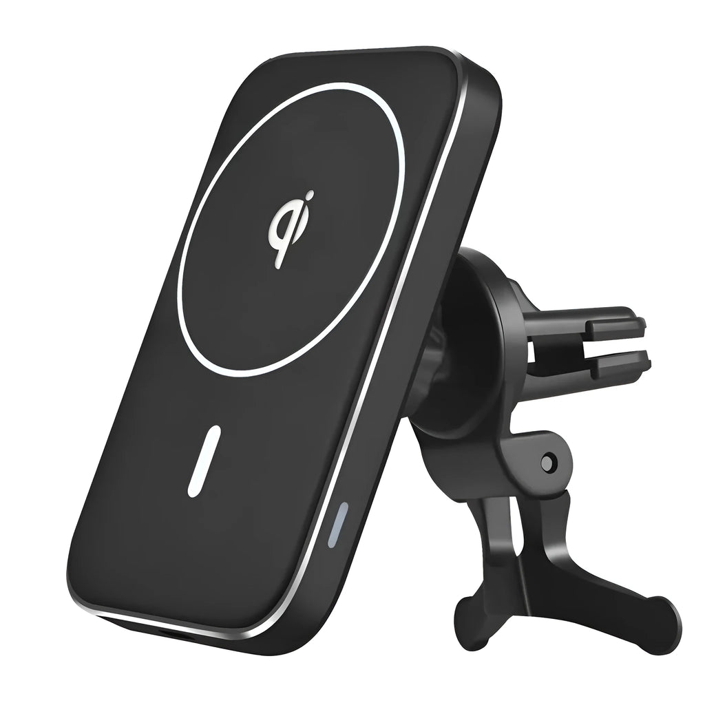 Black M6 magnetic wireless car charger bracket with LED indicator for dashboard or windscreen mounting