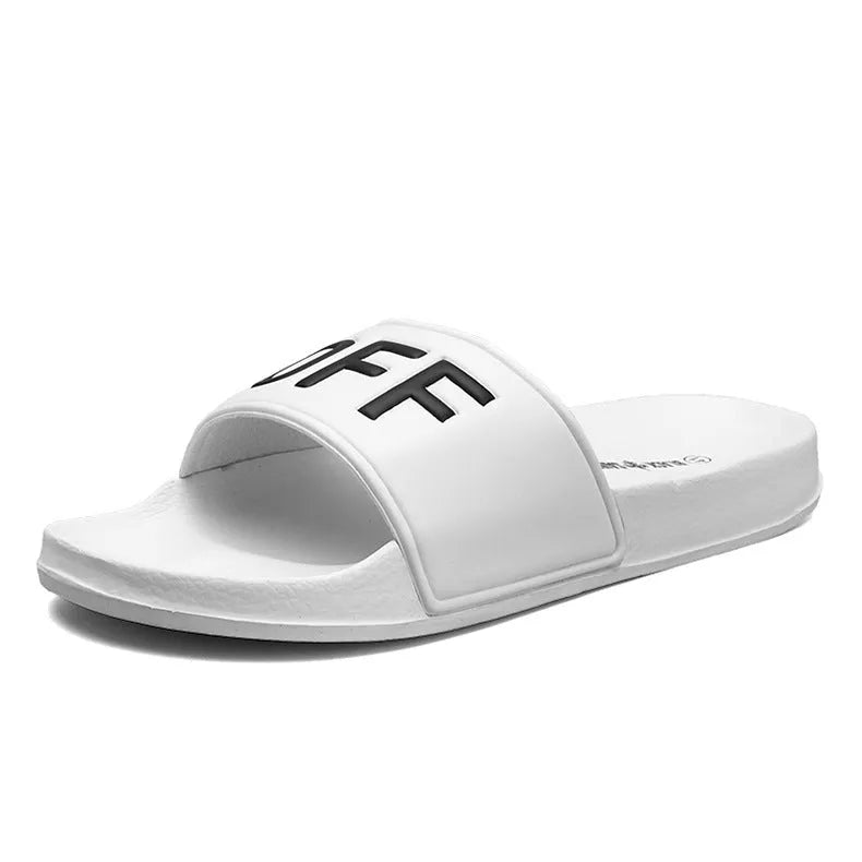 Men's large personalised open toe slippers with rubber soles available in black and white colours
