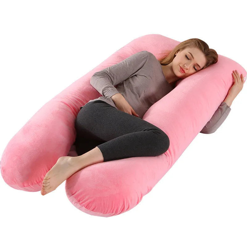 Large U-shaped pregnancy support pillow with removable cover in choice of fabrics.