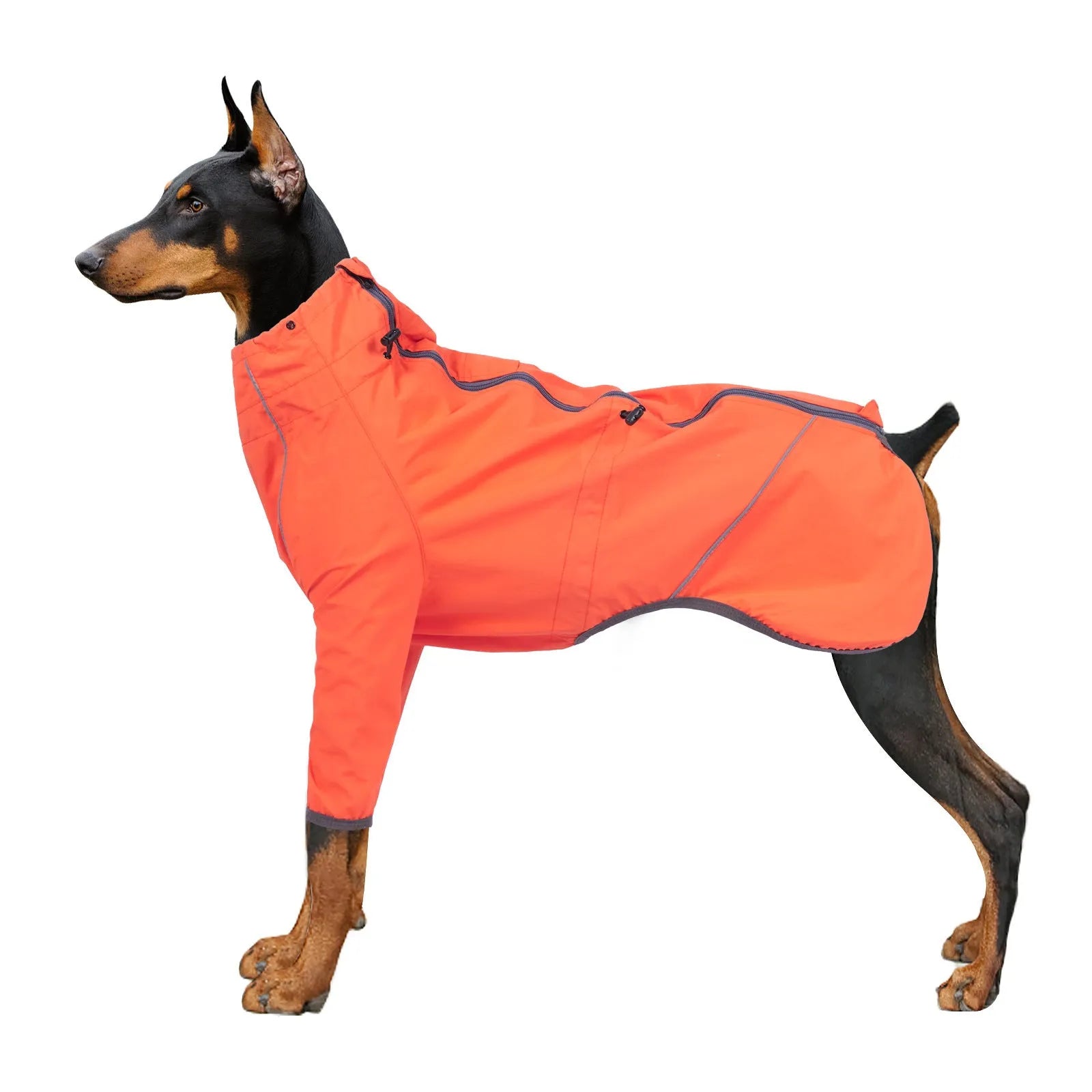 Dog clothing raincoat in military green with reflective strips and traction hole for leash