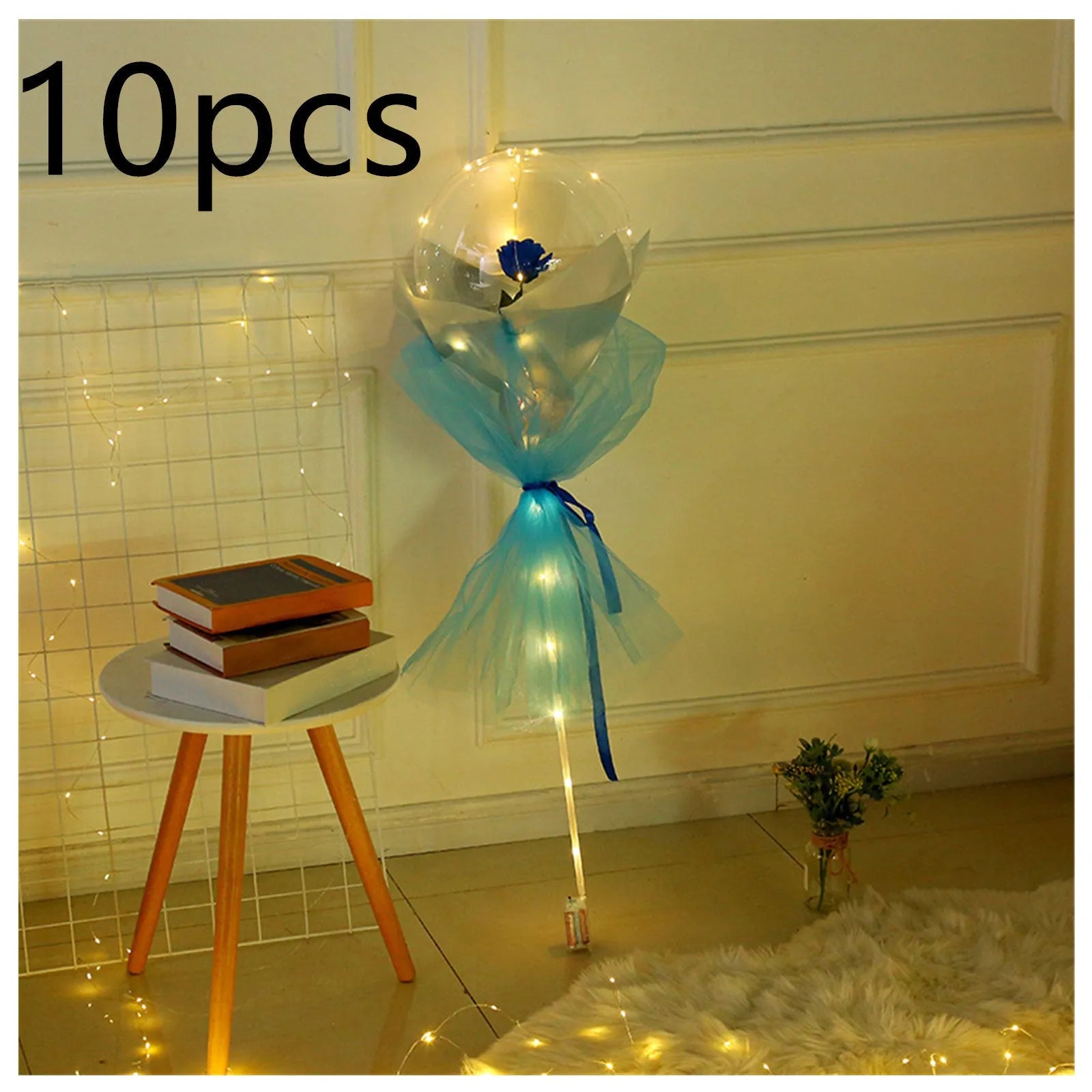 Transparent round LED luminous balloon rose bouquet with artificial flower and lights for DIY assembly