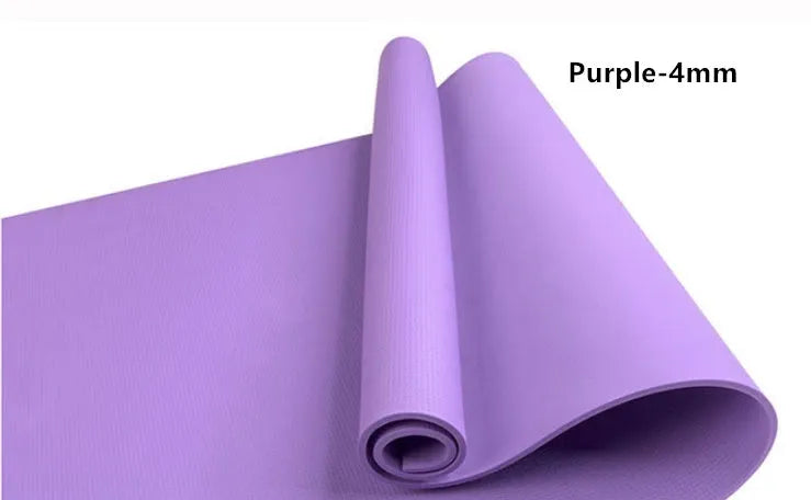 Red and blue EVA fitness yoga mats showing 4mm and 6mm thickness options on a wooden floor.