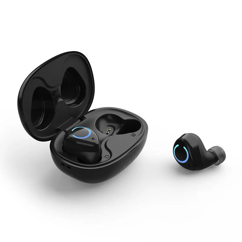 Black and white M18 true wireless in-ear stereo headphones with charging case.