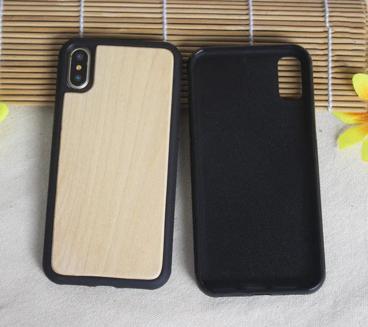 Wooden iPhone case with bamboo back and black TPU sides for multiple models.