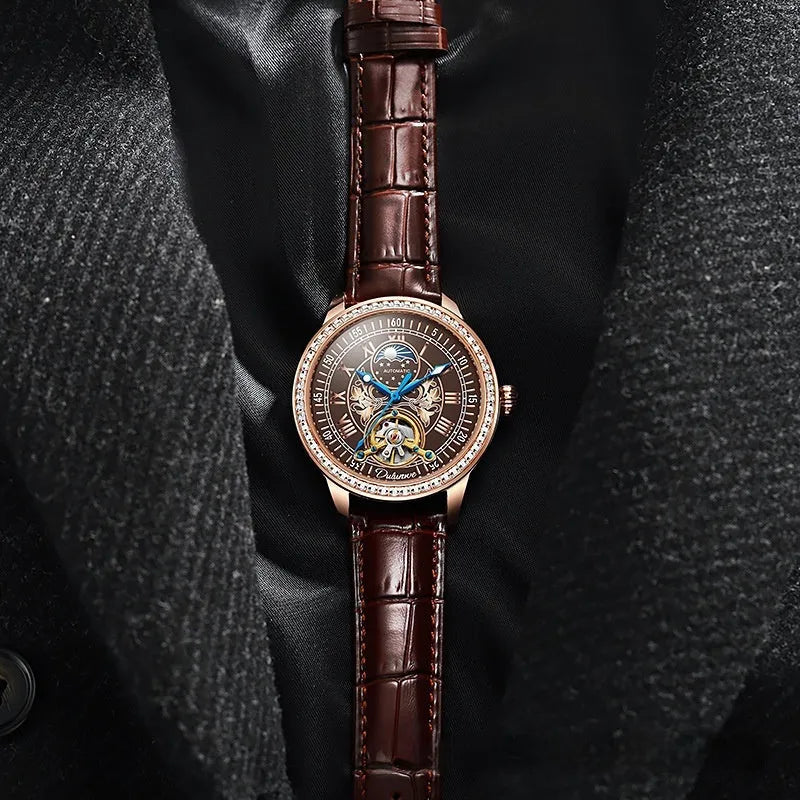Men's round-dial waterproof watch with a stainless steel case and strap on a wrist.