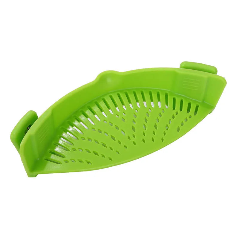 Silicone clip-on kitchen funnel strainer for draining liquids from pots with buckle attachment