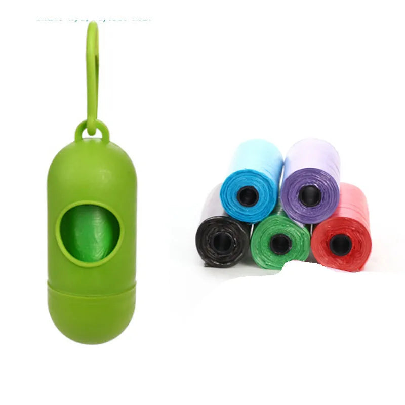 Roll of coloured disposable pet waste bags showing black, blue, green, light blue, pink, and purple options.