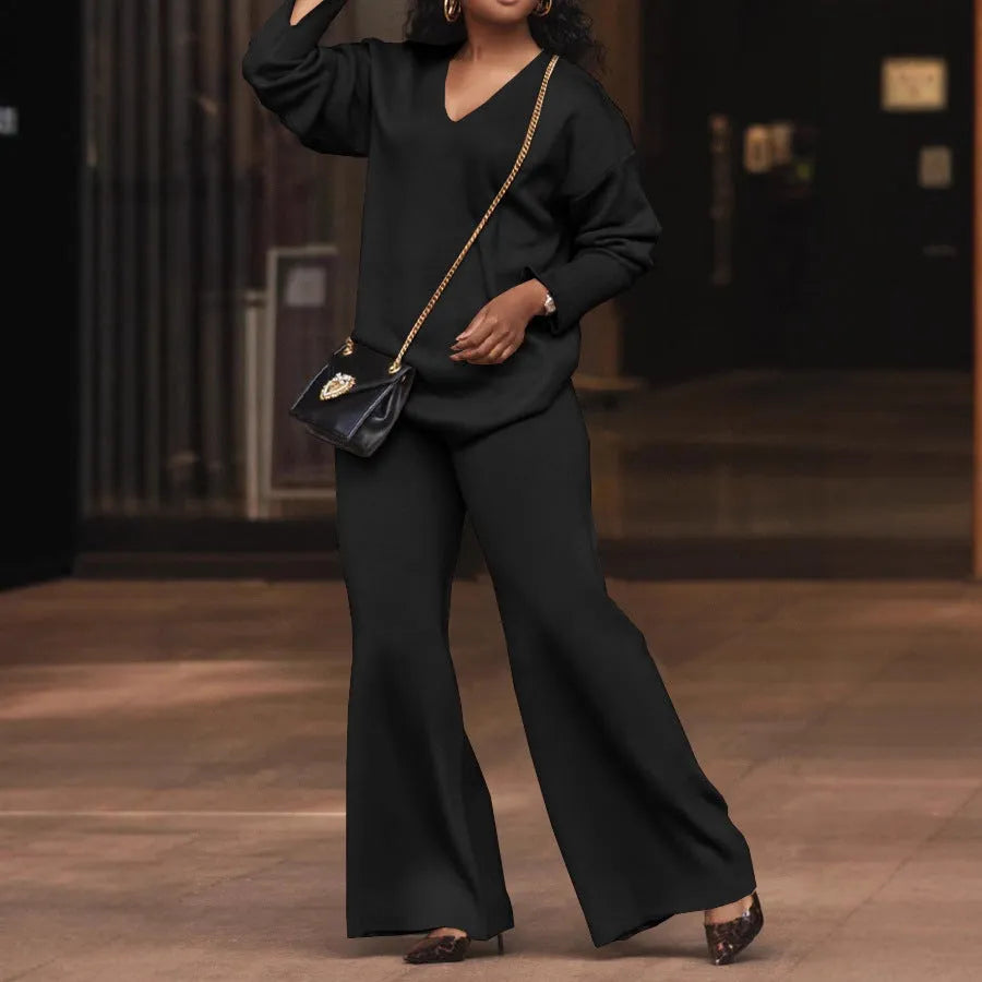 Women's brown suede velvet two-piece suit with long sleeve top and matching trousers