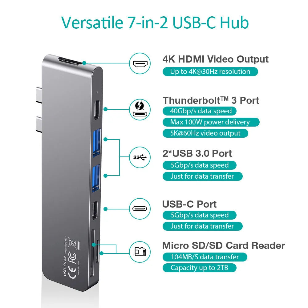 Silver aluminium USB-C multi-port adapter hub with SD card slot, HDMI, USB ports, and Power Delivery.