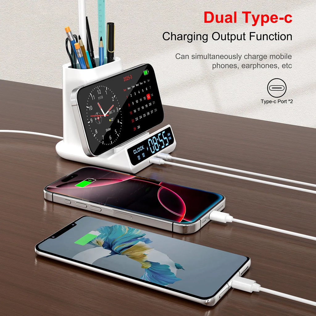 Wireless charging desk lamp with integrated pen holder and storage compartment in modern design