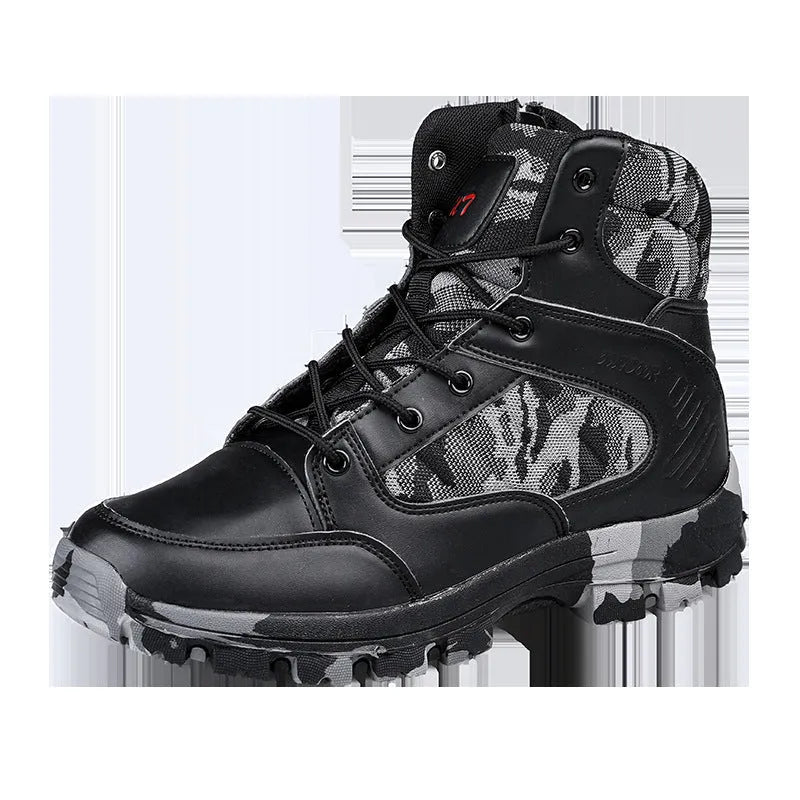 Men's black high-top hiking boots with metal eyelets and a PU leather upper.