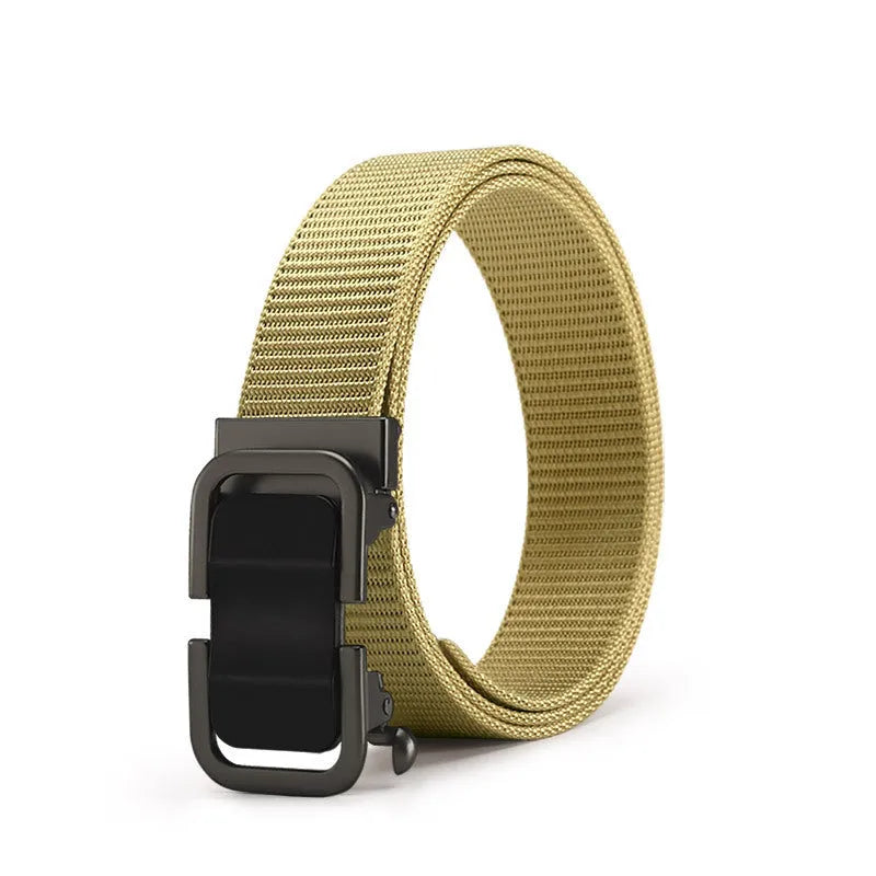 Men's nylon canvas belt with alloy buckle and toothless clasp in khaki colour