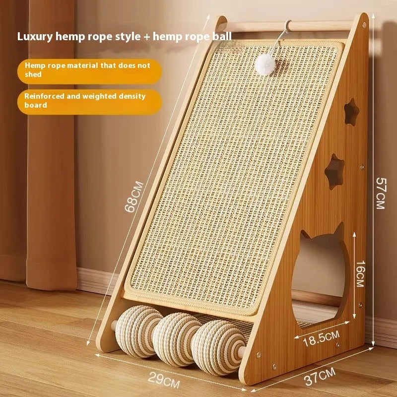 Vertical cat scratch board with sisal and hemp rope scratching surface mounted on wall