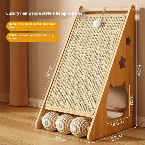 Vertical cat scratch board with sisal and hemp rope scratching surface mounted on wall