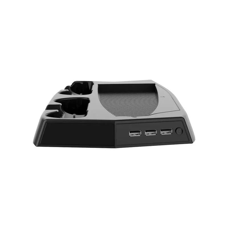 Black PS5 charging cooling fan base with two controller charging slots and USB HUBs