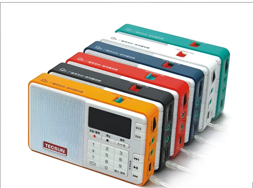 Tecsun Q3 digital audio player and radio recorder in various colours showing front button controls