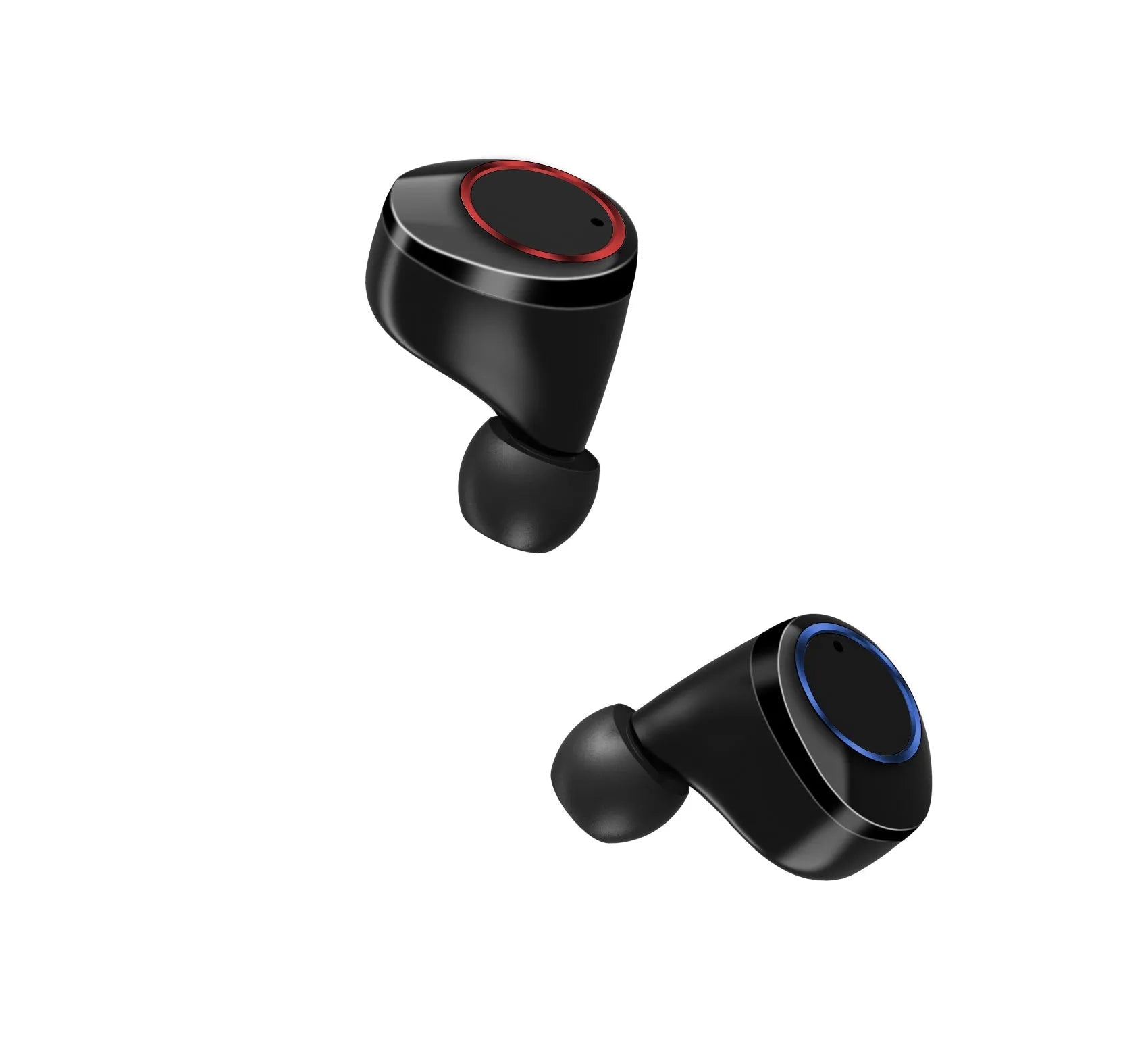 X11 black Bluetooth wireless earbuds with charging case showing touch controls and silicone ear sleeves