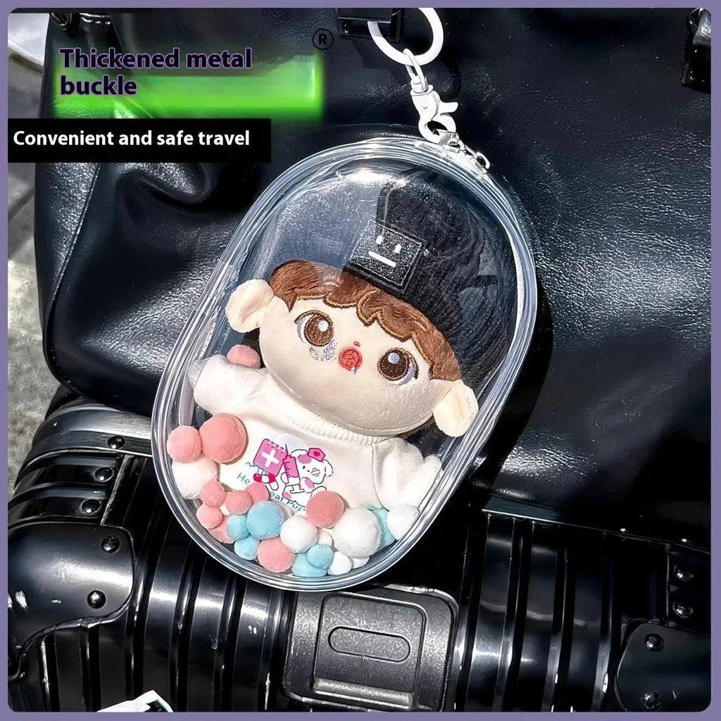 Transparent PVC storage bag for cotton dolls in cartoon backpack style with keychain