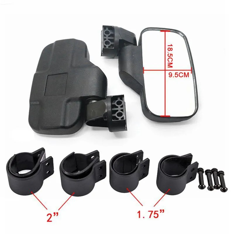 Pair of black plastic and glass universal UTV off-road motorcycle rearview mirrors in packaging
