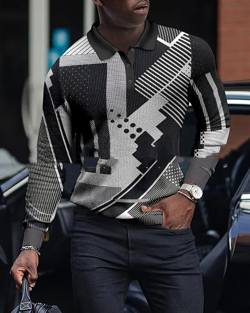 Men's casual lapel pullover with digital print in cotton blend fabric, loose fit