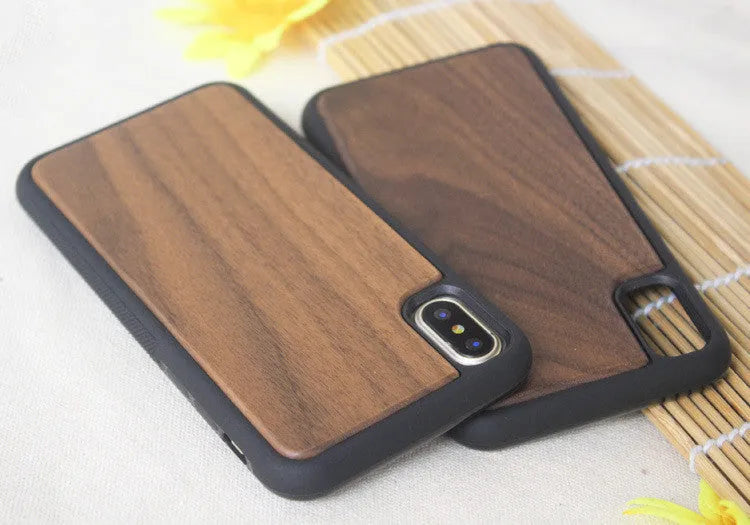 Wooden iPhone case with bamboo back and black TPU sides for multiple models.