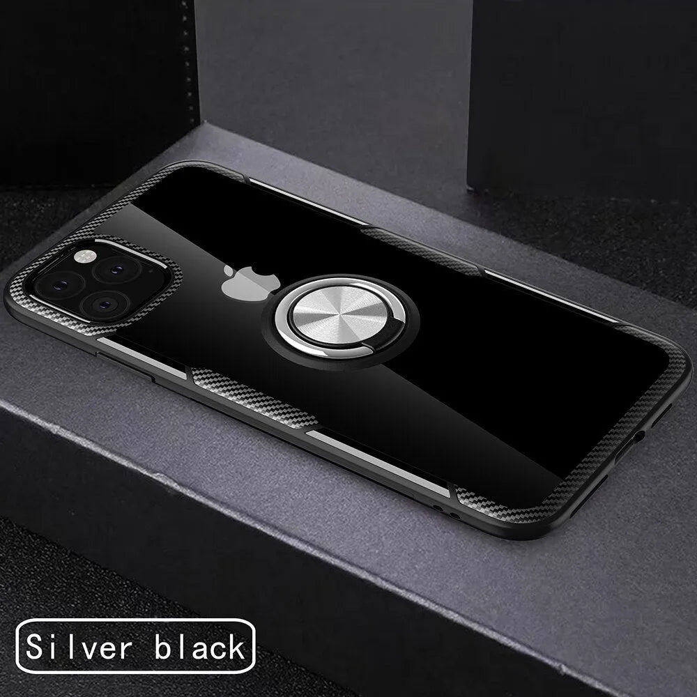 Black PU material phone case for iPhone 11 Pro Max showing precise cutouts for camera and ports.