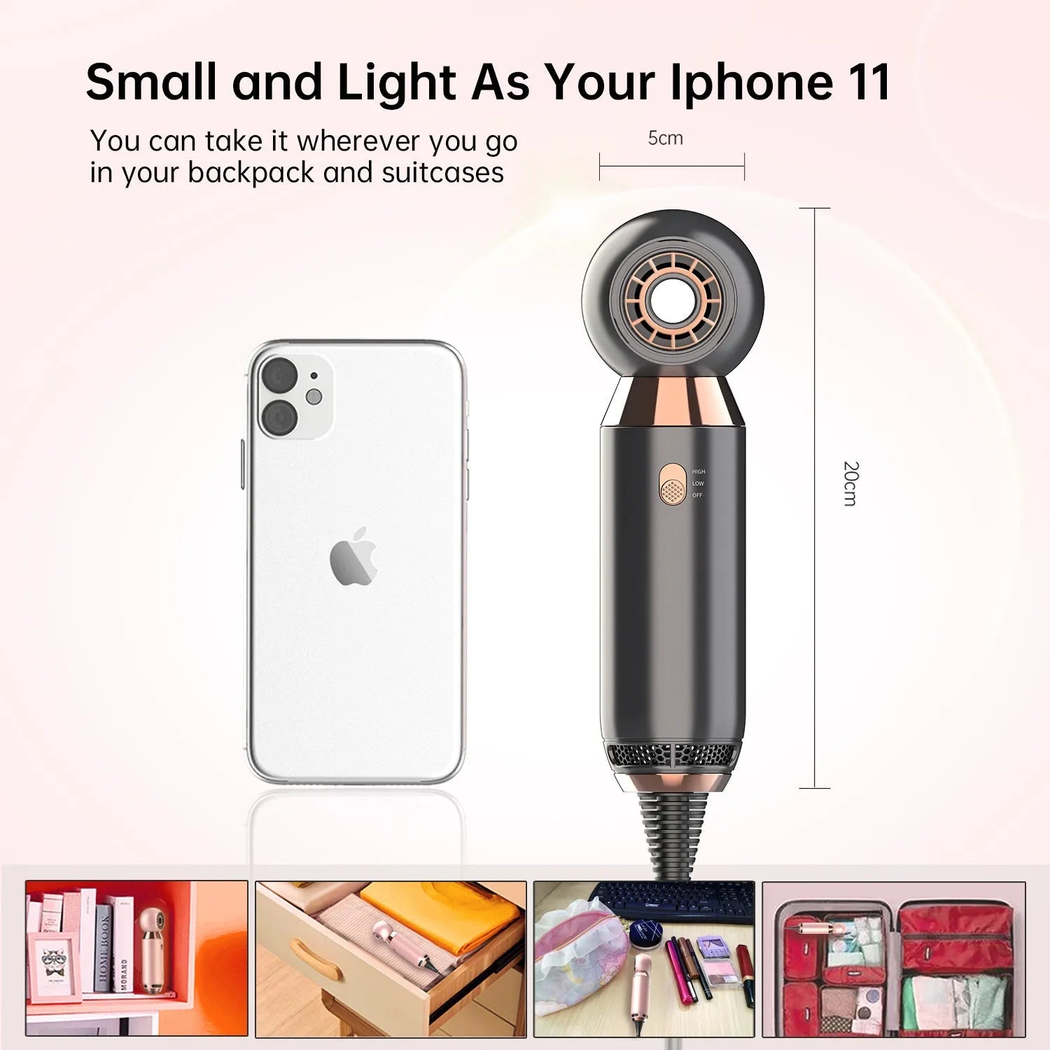 Compact hair dryer with diffuser attachment showing 20cm length scale