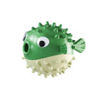 Yellow fish-shaped vinyl dog chew toy with textured surface and squeaker for aggressive chewing dogs